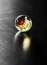 Glass marble with red, white and green swirls backlit