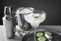 Glass of martini with cucumber, shaker and ice bucket on table against dark background Royalty Free Stock Photo