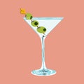 Glass of martini with green olives. Vector illustration Royalty Free Stock Photo