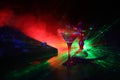 Glass with martini with olive inside on dj controller in night club. Dj Console with club drink at music party in nightclub with d Royalty Free Stock Photo