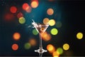 Martini in glass with olives on bokeh background
