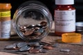 Glass mason jar with a few coins inside with prescription drugs