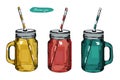 Glass Mason Jar with handle, drinking straw for cocktail and lemonade and smoothie. For bar and restaurant menu. Vector