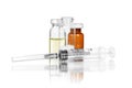 Glass Medicine Vial and botox, hualuronic, collagen or flu Syringe on a white background