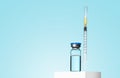 Glass Medicine Vial jar botulinum toxin with medical white injectable syringe. Biorevitalization, anti age