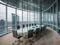 Glass meeting room with conference table and chairs