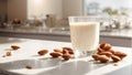 glass of milk, almonds kitchen background