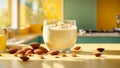 glass of milk almonds kitchen background fresh