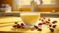 glass of milk, almonds kitchen background fresh