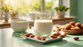glass of milk almonds kitchen background healthy liquid ingredient organic diet