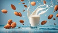 Glass milk, almonds, splash nutrition drink protein liquid vitamins concept natural