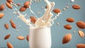 Glass of milk, almonds, splash nutrition drink protein liquid vitamins concept