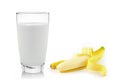 Glass of milk with banana over white background Royalty Free Stock Photo