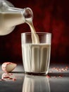 Glass of milk is being poured into bowl, creating smooth and even stream. The milk is flowing from pitcher to bowl in Royalty Free Stock Photo