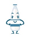 Glass milk bottle mascot. Cartoon character design. Bottle with label, full bottle of milk. Flat vector illustration isolated on Royalty Free Stock Photo