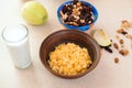 Glass of milk and bowl of dry muesli. Ingredients for healthy breakfast. Healthy foods for fitness menu Royalty Free Stock Photo