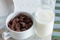 Glass of milk and Chocolate cereal for breakfast. Royalty Free Stock Photo