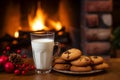 A glass of milk and chocolate chip cookies an a plate on Christmas eve prepared for Santa Claus Royalty Free Stock Photo