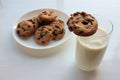 Glass of milk and chocolate chip cookies on white background. View from above. Close-up. Copy space Royalty Free Stock Photo