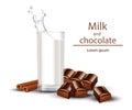Glass of milk and chocolate Vector realistic. Splash drink white backgrounds Royalty Free Stock Photo