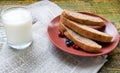 Glass of milk with chopped homemade bread on clay plate