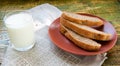 Glass of milk with chopped homemade bread on clay plate