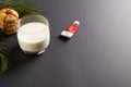 Glass of milk, christmas cookies and santa hat with copy space on black abackground Royalty Free Stock Photo