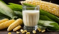 A glass of milk with corn on the cob