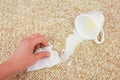 Glass of milk fell and spilled on floor. Female hand cleans carpet with napkin Royalty Free Stock Photo