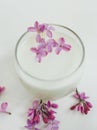 A glass of milk and lilac flowers floating in it. Royalty Free Stock Photo