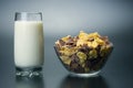 Glass of milk and a plate of corn flakes