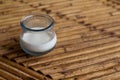 Glass milk on rustic wooden table. Healthy countryside breakfast drink. Fresh milk in glass pitcher. Royalty Free Stock Photo