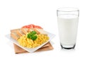 Glass of milk and scrambled eggs Royalty Free Stock Photo