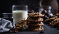 A glass of milk sits next to a pile of cookies