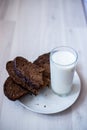 A glass of milk and slices of rye bread on a saucer Royalty Free Stock Photo