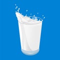 Glass of milk with a splash of white liquid. Single object isolated on a blue background