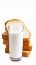 Glass of milk and stack of sliced bread on white background Royalty Free Stock Photo
