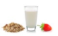 Glass of milk ,strawberry and muesli on white background