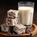 A glass of milk on a wooden table. White chocolate with chocolate chips and a glass of milk on a wooden stand