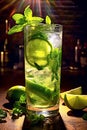 Glass of Mohito - mojito drink placed on a table.