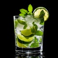 Glass of mojito cocktail with ice cubes mint and lime on black background.Generative AI