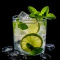 Glass of mojito cocktail with ice cubes mint and lime on black background.Generative AI