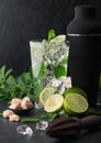 Glass of Mojito cocktail with ice cubes mint and lime on black board with black shaker and wooden squeezer and fresh limes with Royalty Free Stock Photo