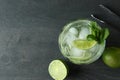 Glass of mojito cocktail and ingredient on dark wooden table Royalty Free Stock Photo