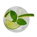 Glass of the Mojito cocktail with lime and mint isolated on white background. Top view Royalty Free Stock Photo