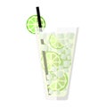 Glass with Mojito cocktail. Lime slices, mint leaves and ice cubes. Transparent tall glass with a straw. Cold drink Royalty Free Stock Photo