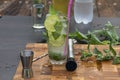 Glass of Mojito cocktail with mint and lime ice cubes on a board with fresh limes. Selective focus Royalty Free Stock Photo