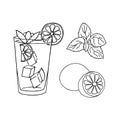 Glass of mojito, ice cubes, mint leaves and lime slice outline. Hand drawing. Vector cocktail objects. Cold mojito cocktail poster