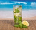 Glass with mojito, juicy lime and spearmint leaf Royalty Free Stock Photo