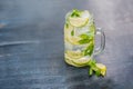 Glass of mojito with lime and mint ice cube close-up on dark wood background Royalty Free Stock Photo